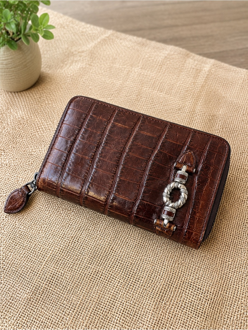 Brighton Genuine Leather Croc Embossed Checkbook Wallet Organizer Burgundy